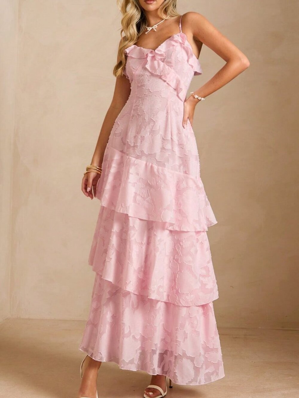 Pink Elegant Women's Romantic Cutout Patchwork Ruffle Slip Dress